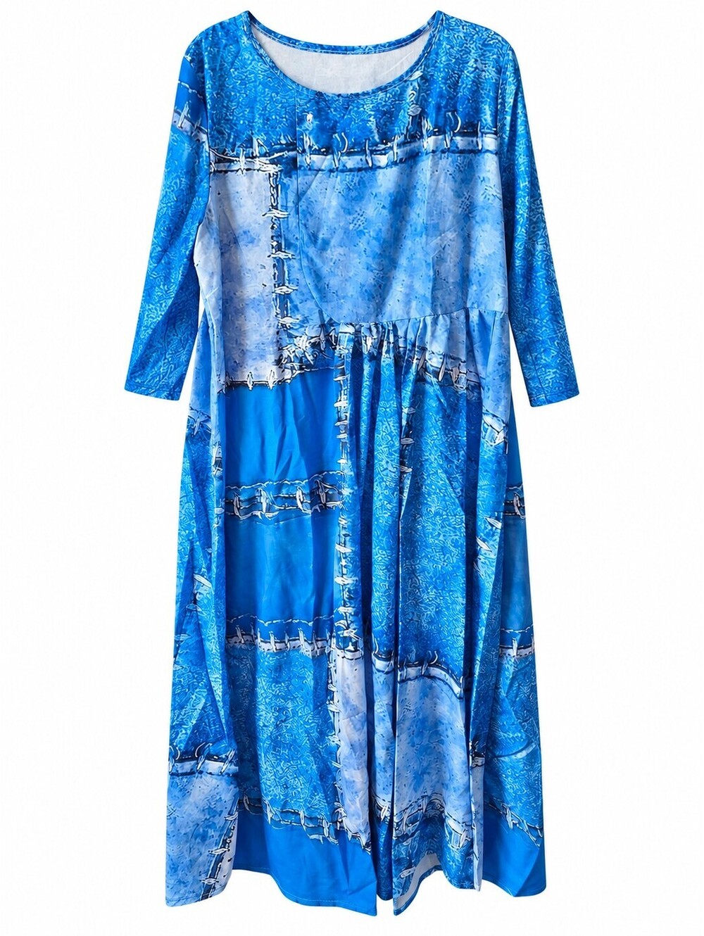 Blue Patchwork Print Long Sleeve Maxi Dress Plus Size 2XL